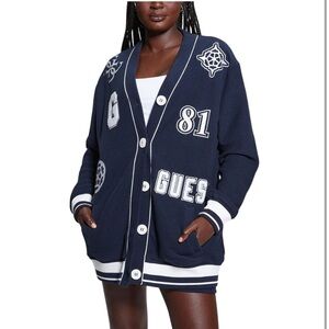 Guess Black RAQUELLE Fleece Cardigan TUNIC TOP or  Dress White Accents